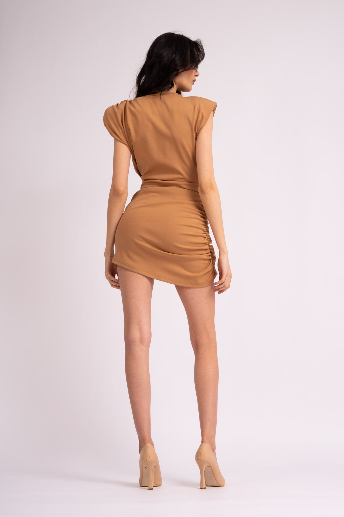 Rochie mini camel cu fronseuri