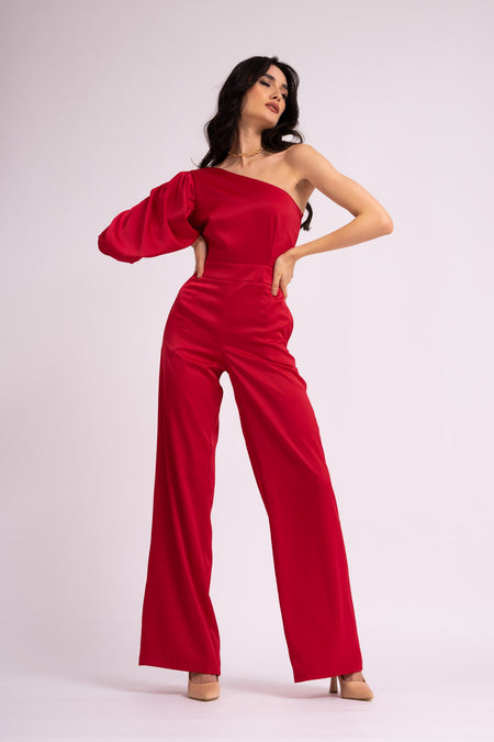 Red maxi jumpsuit with one flared sleeve