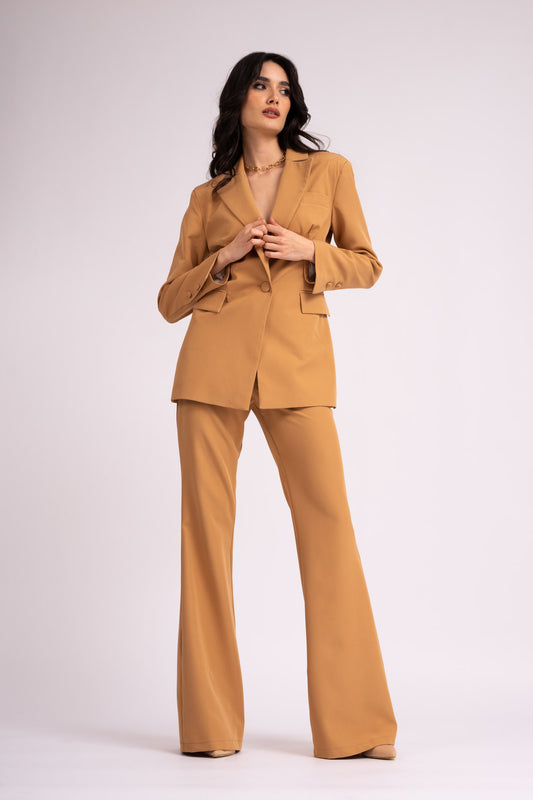 Camel suit with slim fit blazer and flared trousers