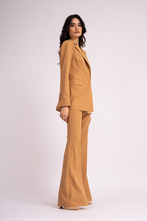 Camel suit with slim fit blazer and flared trousers