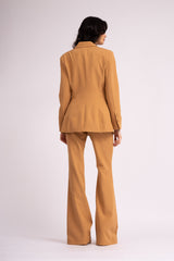 Camel suit with slim fit blazer and flared trousers