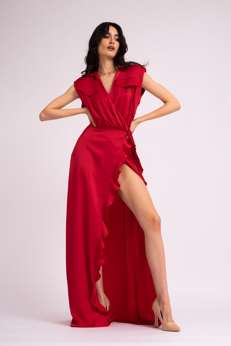 Red maxi dress with oversized shoulders and ruffled slit
