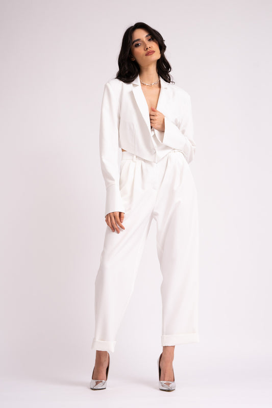 White suit with cropped blazer and trousers