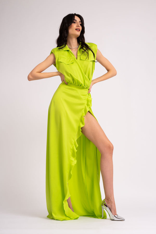 Rochie maxi verde neon cu umeri supradimensionati si crapatura pe picior