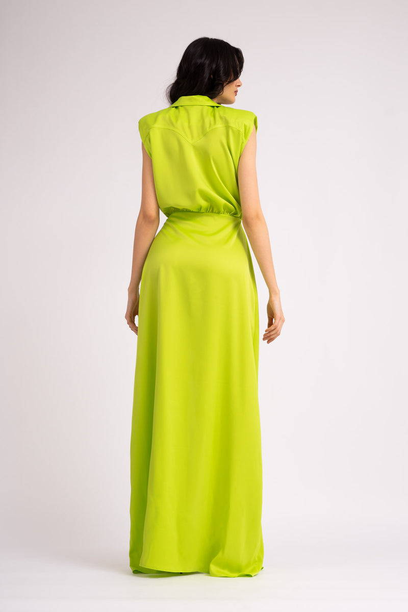 Neon maxi dress with oversized shoulders and ruffled slit