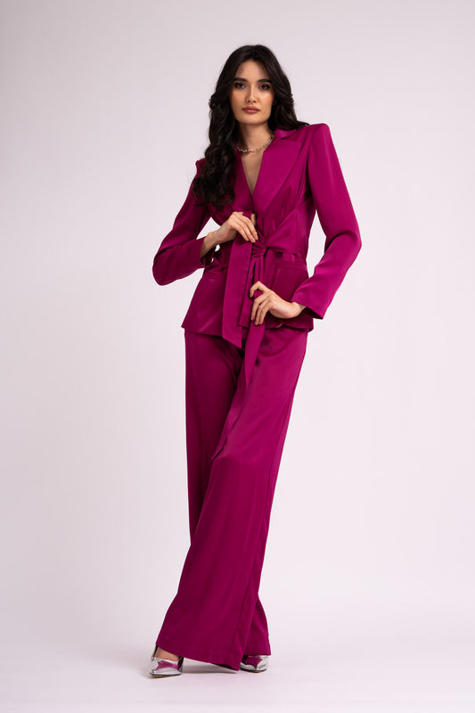 Fuchsia suit with blazer with scarves and wide leg pants