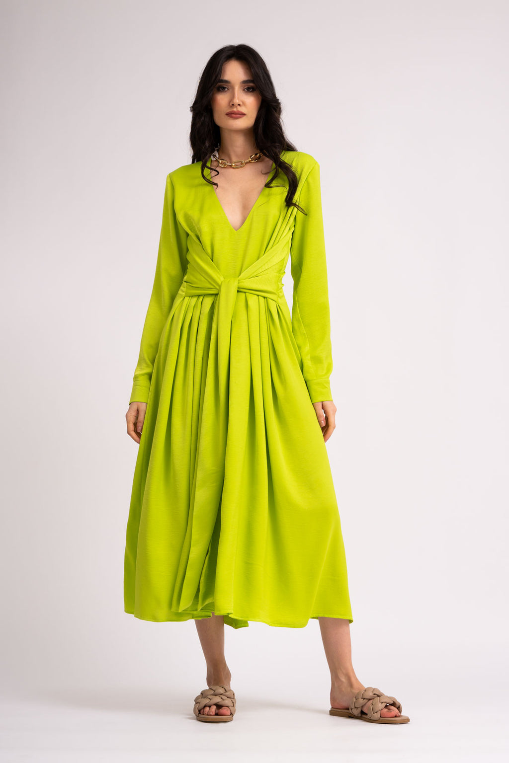 Midi neon dress with scarves and pleats Bluzat