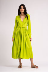 Rochie midi verde neon cu esarfe si pliuri