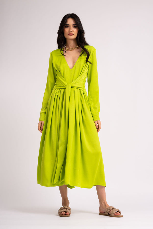 Midi neon dress with scarves and pleats