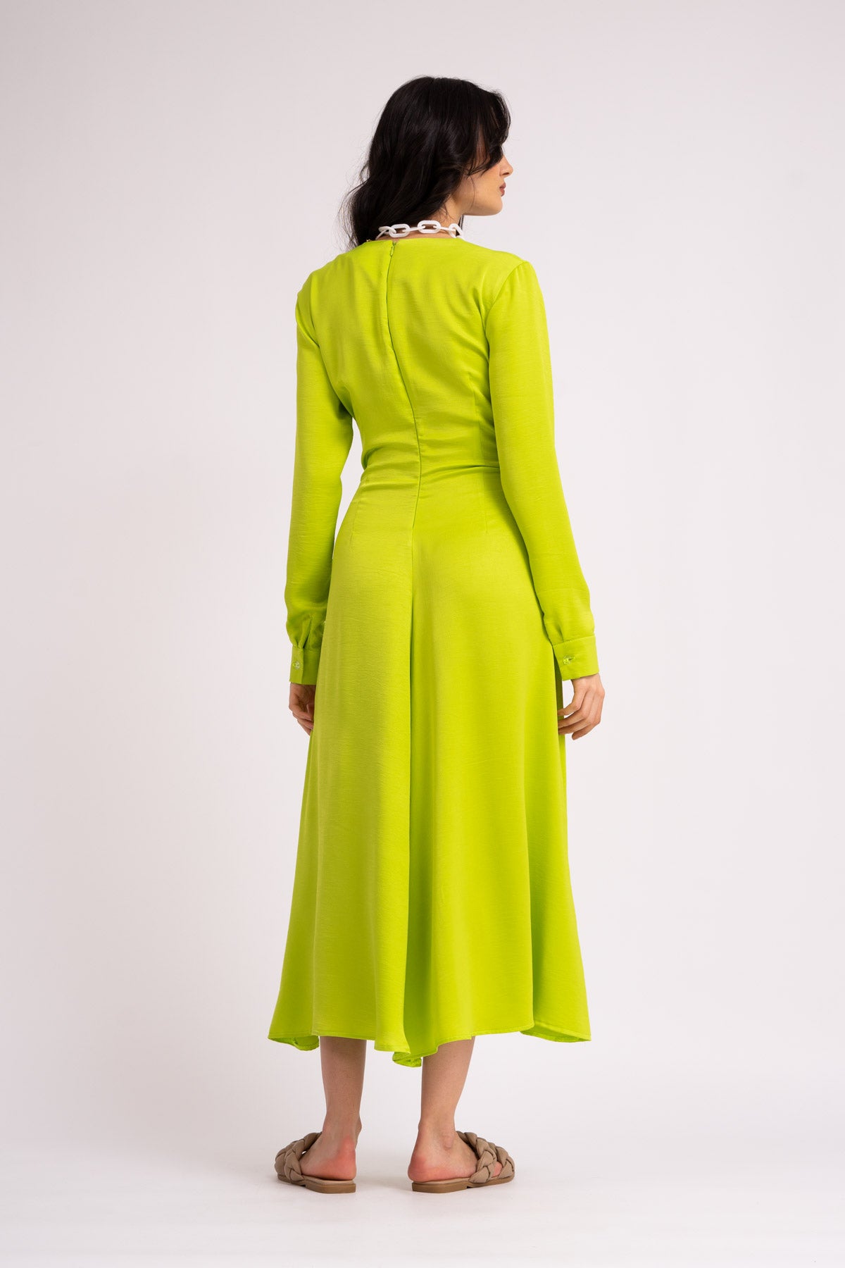Rochie midi verde neon cu esarfe si pliuri