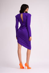 Deep purple dress with oversized shoulders and knotted neckilne