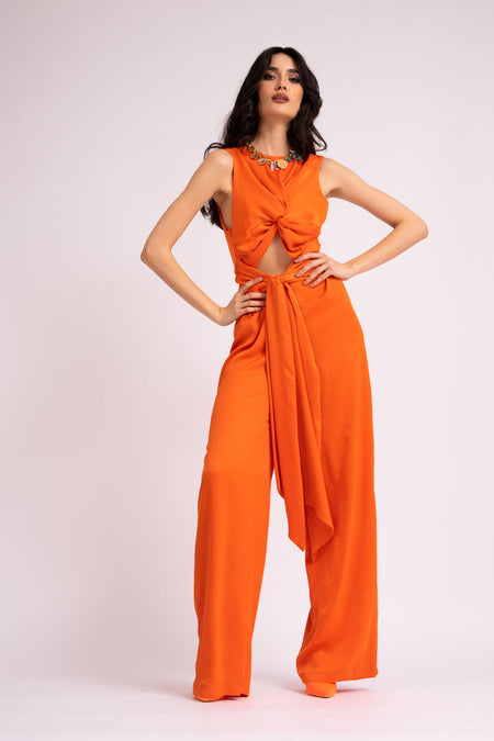 Neon orange jumpsuit with knot