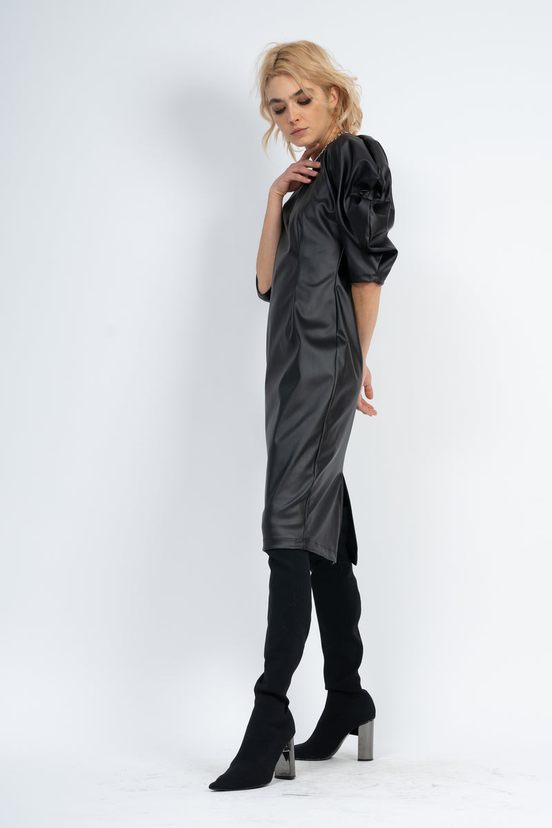Black Eco Leather Midi Dress