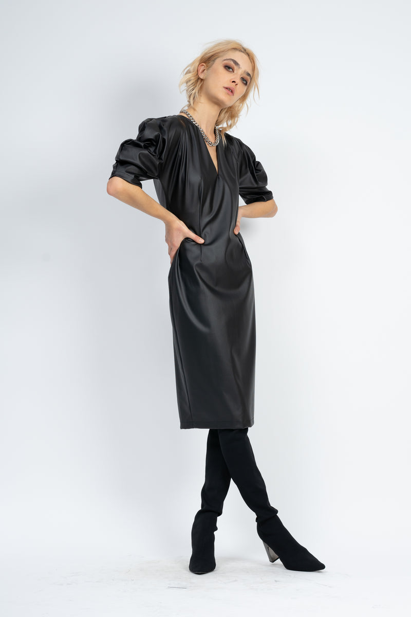 Black Eco Leather Midi Dress