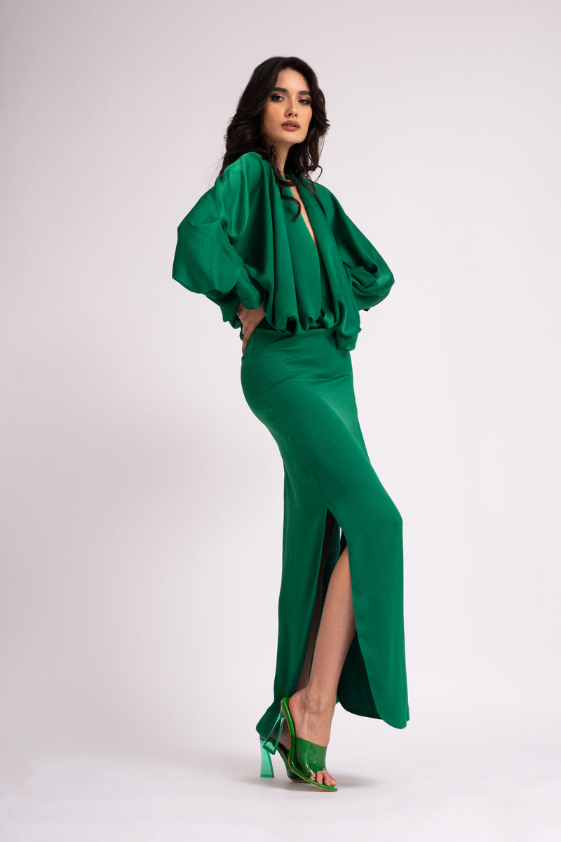 Emerald green draped dress with flared sleeves