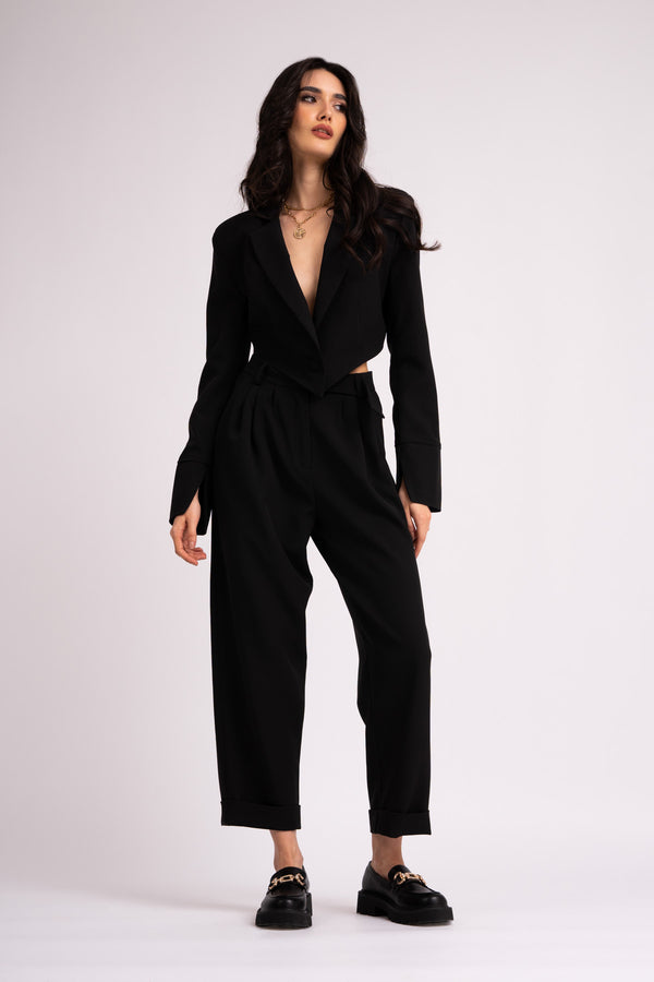 Black suit with cropped blazer and trousers