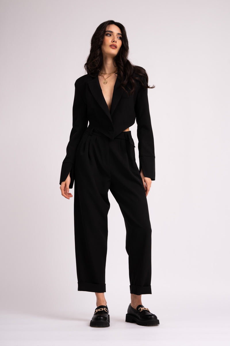 Black suit with cropped blazer and trousers