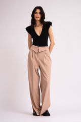 Beige wide leg trousers with reversed waistband