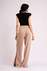 Beige wide leg trousers with reversed waistband