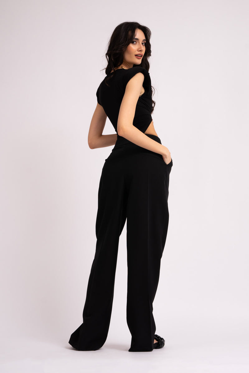 Black wide leg trousers with high asymmetrical waistband