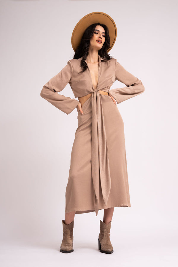 Midi beige dress with long sleeves and knot