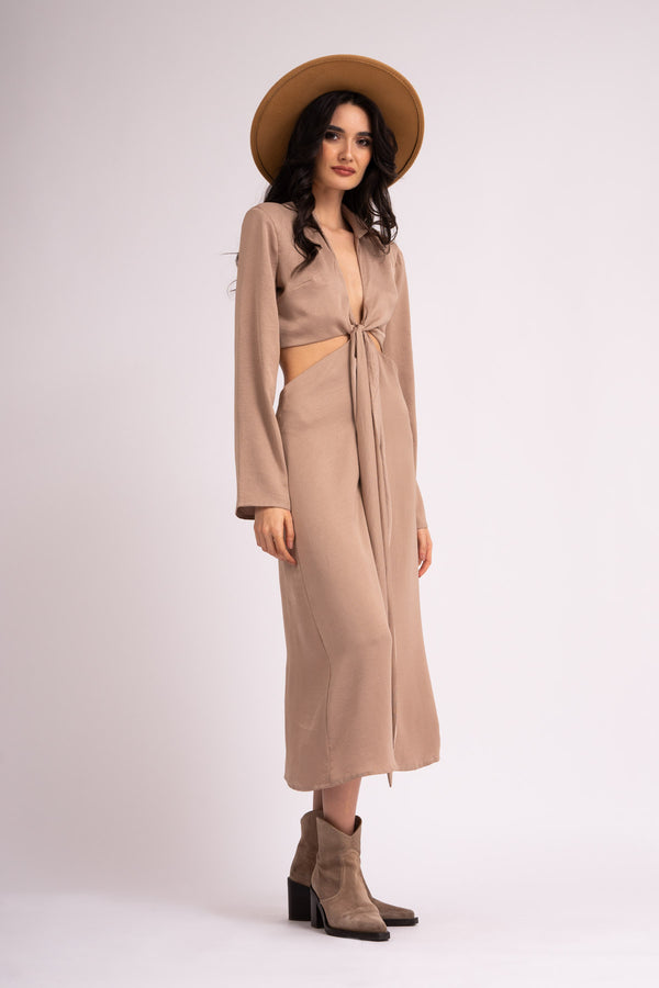 Midi beige dress with long sleeves and knot