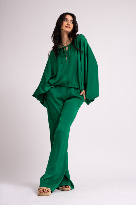 Set verde smarald cu bluza si pantaloni wide leg