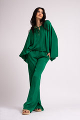 Emerald green blouse with adjustable cords