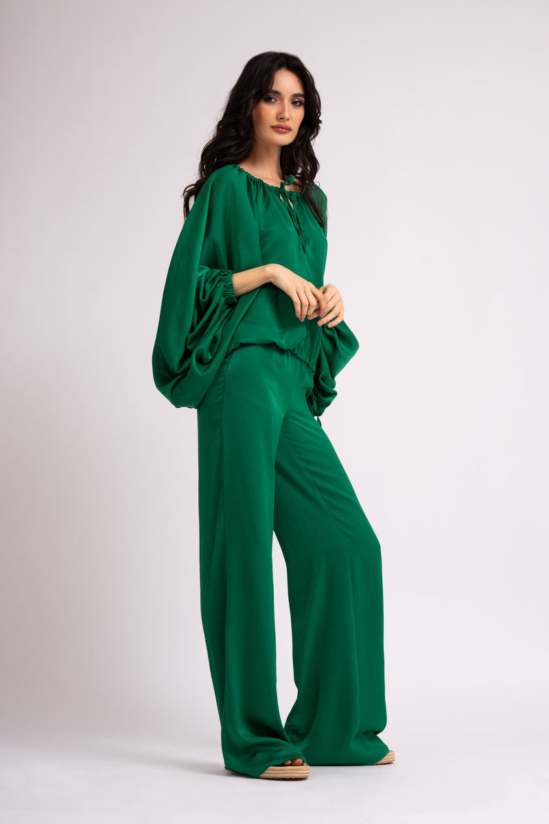 Emerald green wide leg trousers