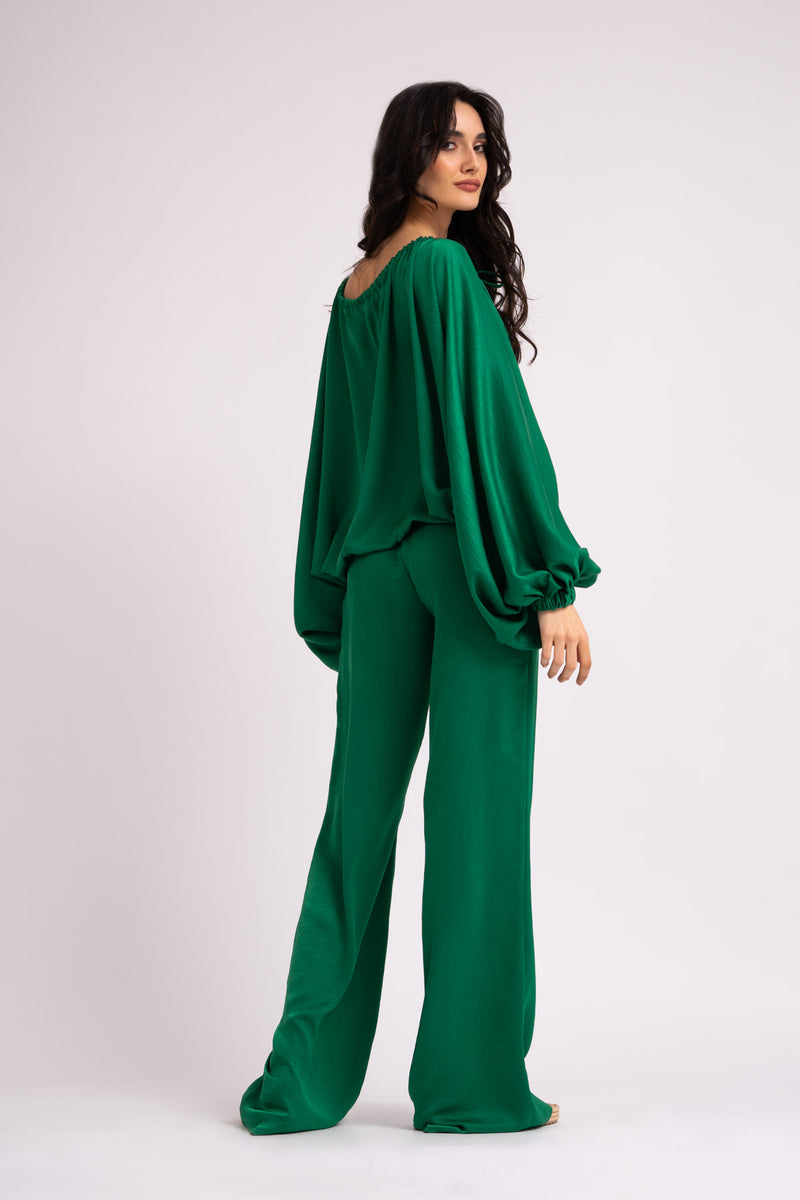 Set verde smarald cu bluza si pantaloni wide leg