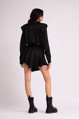 Black mini dress with oversized shoulders