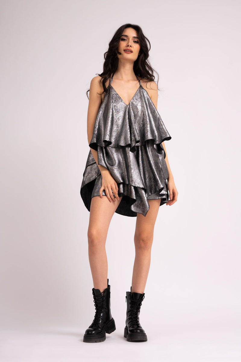 Black-metallic mini dress with ruffles