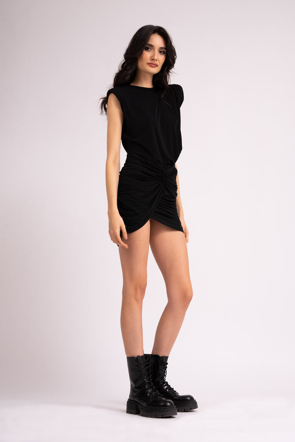 Mini black dress with one draped shoulder and pleats