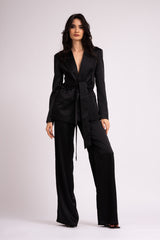 Black suit with blazer with scarves and wide leg pants
