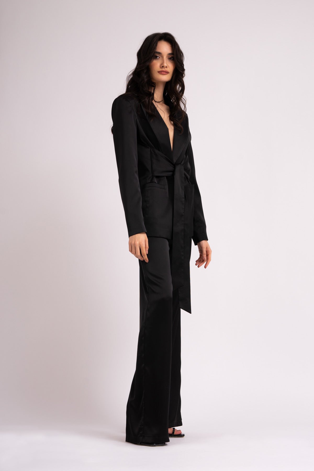 Black suit with blazer with scarves and wide leg pants