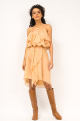 Calf length spaghetti strap dress with ruffles and front buttons
