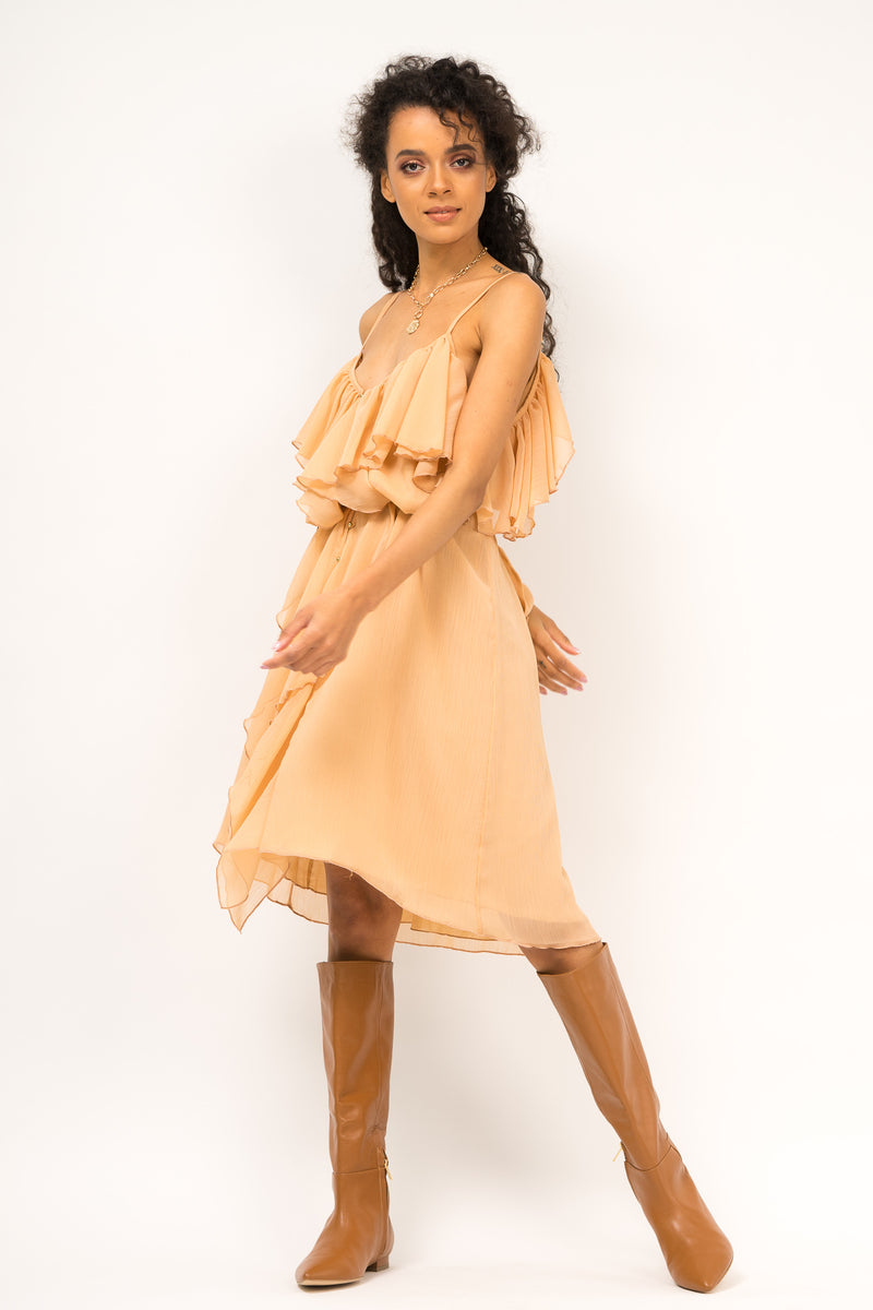 Calf length spaghetti strap dress with ruffles and front buttons
