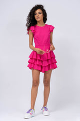Neon Pink Cambered Dress with Ruffles & Short Sleeves