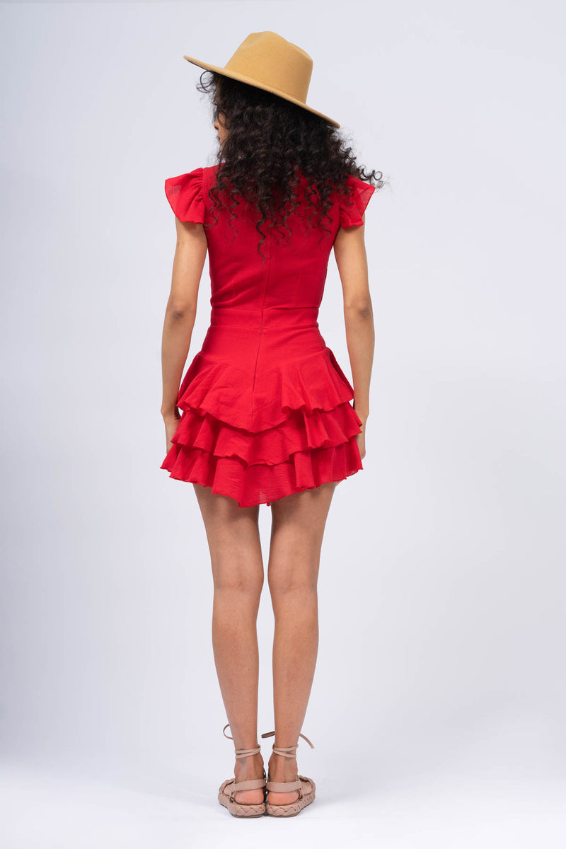 Red Cambered Dress with Ruffles & Short Sleeve