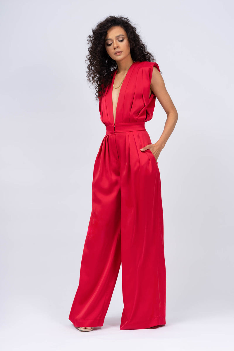 Red Draped Maxi Jumpsuit
