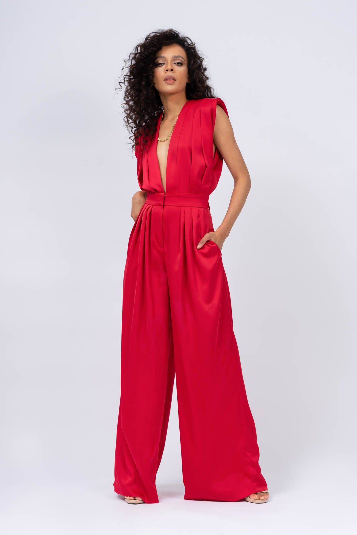 Red Draped Maxi Jumpsuit