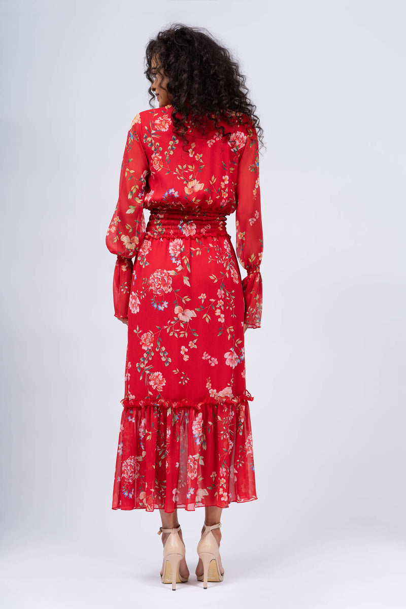 Red Maxi Dress with Pink Floral Print