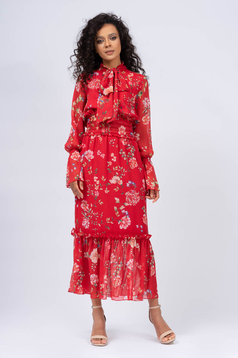 Red Maxi Dress with Pink Floral Print