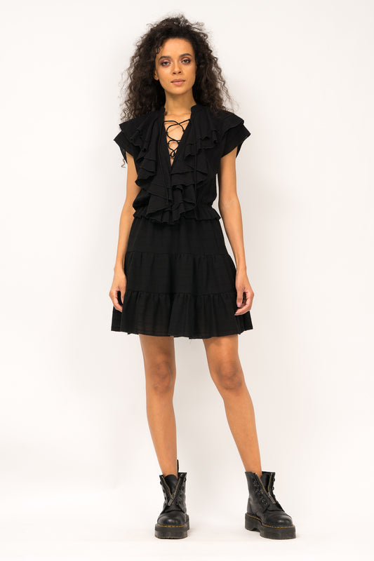 Mini dress with ruffles and details on the neckline area