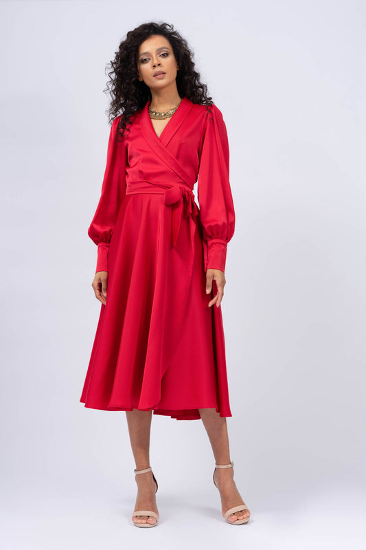 Red Midi Wrap Dress with Lapel