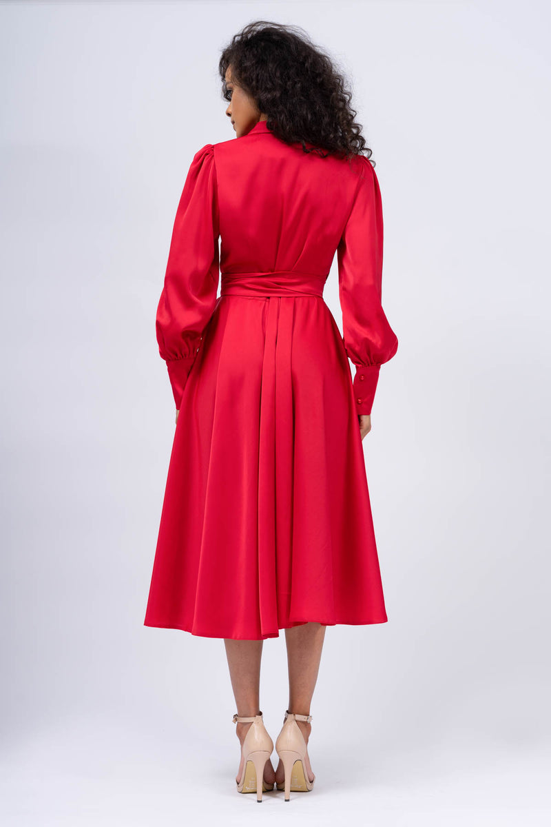 Red Midi Wrap Dress with Lapel