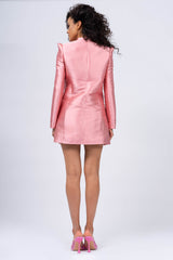 Powder Pink Taffeta Suit with Sharped Shoulders Blazer