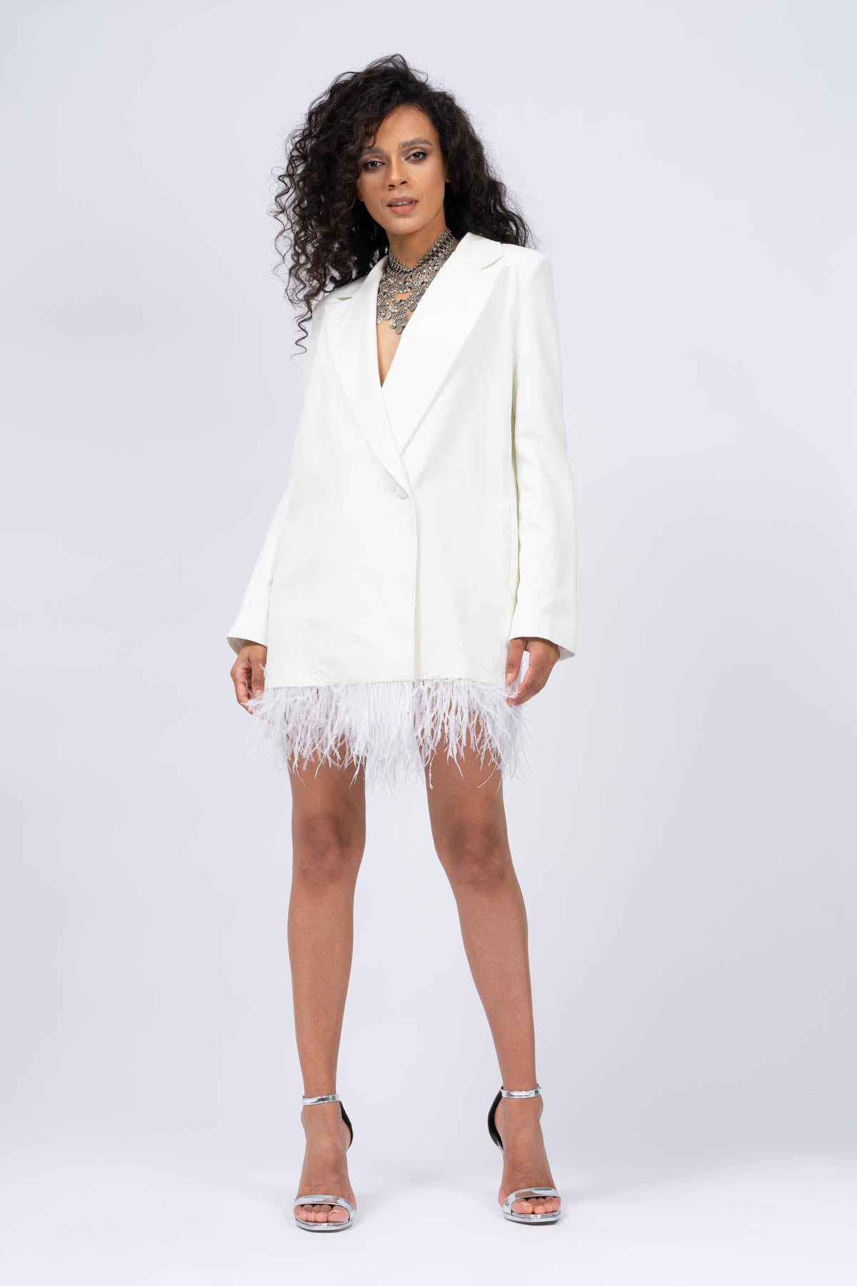 White Mini Blazer Dress with Feathers