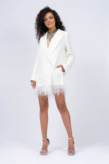White Mini Blazer Dress with Feathers