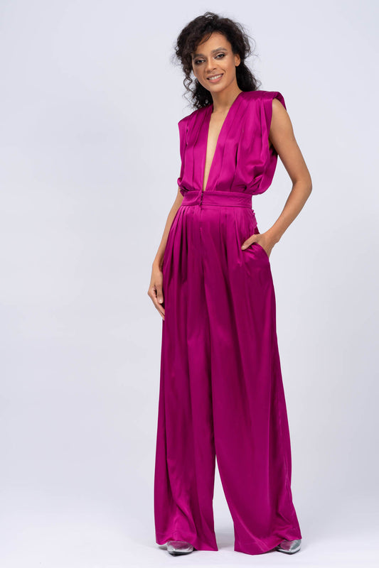 Salopeta maxi fuchsia cu bust drapat